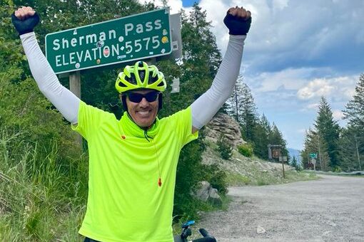 John LaMacchia with his bike at Sherman Pass during his 2023 cross-country ride